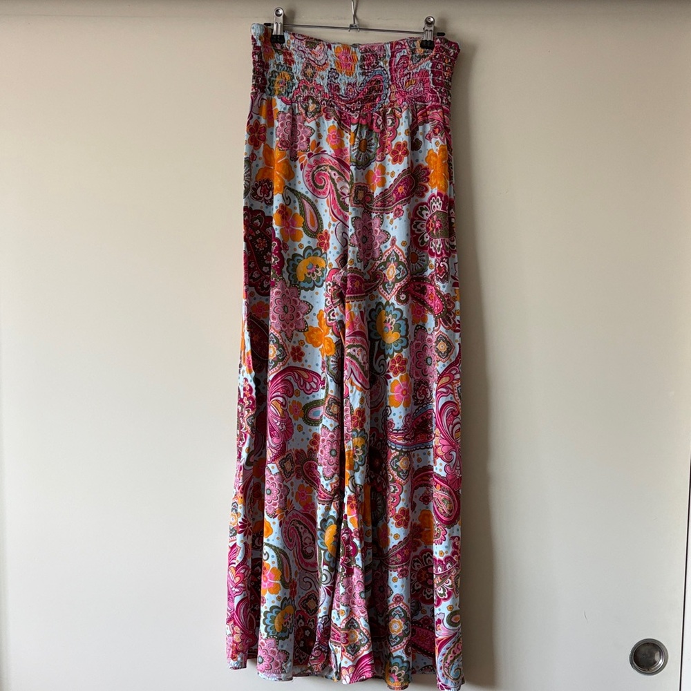 1. State Pink Paisley Wide Leg pants with Orange and Blue Accents